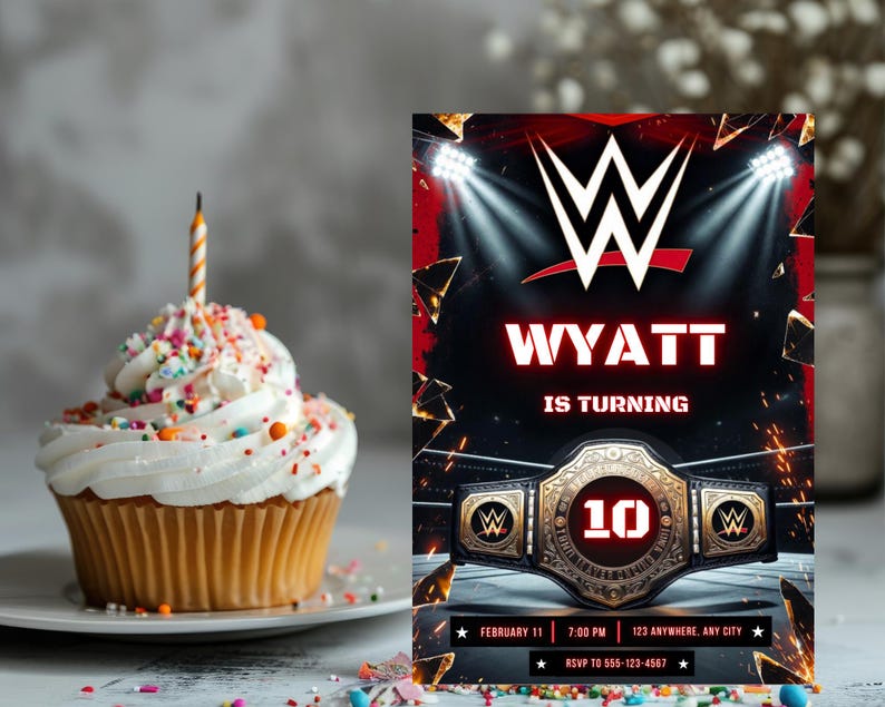 May include: A birthday cupcake with white frosting and colorful sprinkles sits next to a party invitation. The invitation features a wrestling championship belt design with the name "WYATT" and the number "10".
