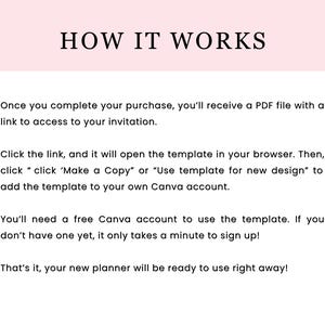 May include: A white background with the text "HOW IT WORKS" in a black, elegant font. Below, instructions explain how to access and use a purchased template, including creating a free Canva account. The text is in a clear, easy-to-read format.