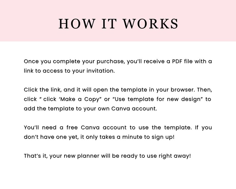 May include: A white background with the text "HOW IT WORKS" in a black, elegant font. Below, instructions explain how to access and use a purchased template, including creating a free Canva account. The text is in a clear, easy-to-read format.
