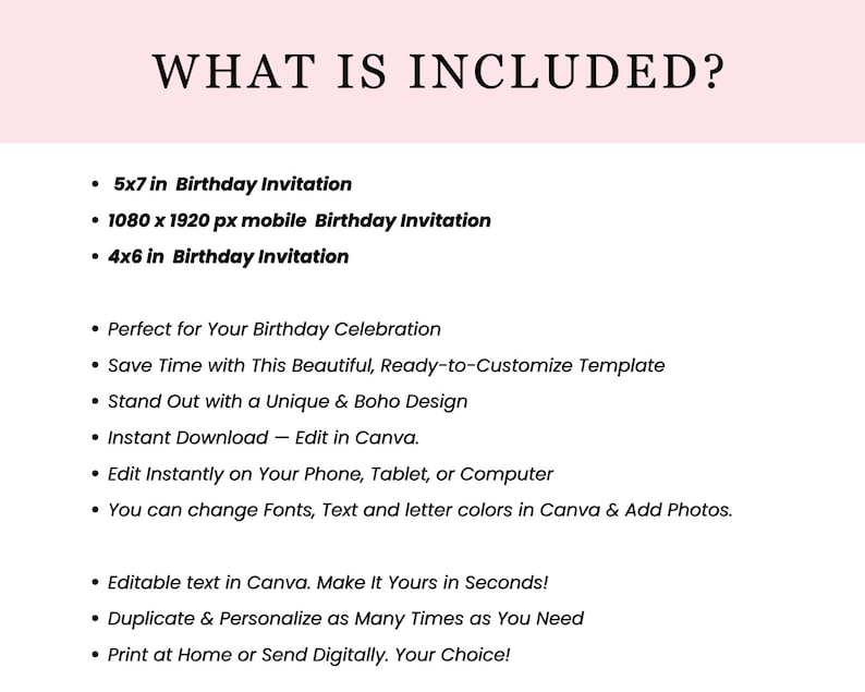 May include: A white background with the text "WHAT IS INCLUDED?" in black. The text lists the inclusions of a birthday invitation, including sizes 5x7 in, 4x6 in, and a mobile version. Additional text describes customization options.