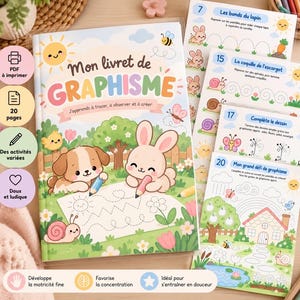 Peut inclure: Un cahier d'activités pour enfants intitulé Mon livret de GRAPHISME illustré avec un chiot et un lapin dessinant sur une feuille. La couverture montre un soleil, une abeille et un escargot dans un jardin. Des pages d'exercices sont étalées.