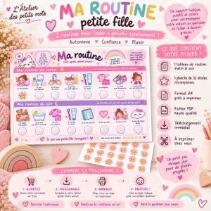 May include: A printable routine chart for children titled Ma routine petite fille, featuring morning and evening task icons with checkboxes, accompanied by a sheet of star stickers, all decorated with pink hearts, rainbows, and cartoon illustrations.