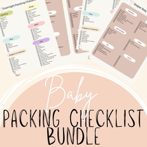 Lista de verificação de embalagem para bebê, recém-nascido, bebê, gráficos personalizáveis, editáveis, bolsa para hospital, bolsa para fraldas, planejador de embalagem para bebê, para impressão, personalizável