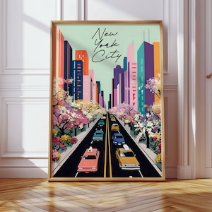 New York City Digital Print | Colorful NYC Wall Art for Travel Lovers | Retro Cityscape Poster | Cherry Blossom Spring Decor Download