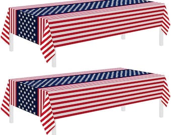 2 Pack Patriotic Tablecloth, Disposable Plastic Tablecloth 54" x 108" Patriotic Decorations Birthday Party Supplies for Camping, Memorial