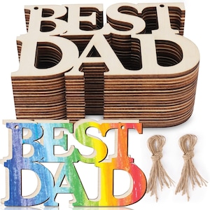 20 manualidades de madera sin terminar para el Día del Padre, manualidades para pintar para niños, recortes de madera para pintar, adornos de letras de madera para regalos de papá.