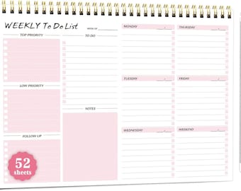 Weekly To Do List Notepad - 52 Undated Sheets Weekly Planner A4 Size（8.5"×11"）Spiral Desk Checklist Notebook with Ruler