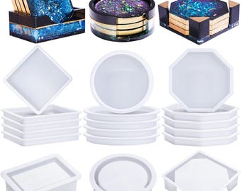18 PCS Coaster Resin Molds Set - Round, Square, Octagon Shapes with Holder Molds for Epoxy Resin & DIY Crafts
