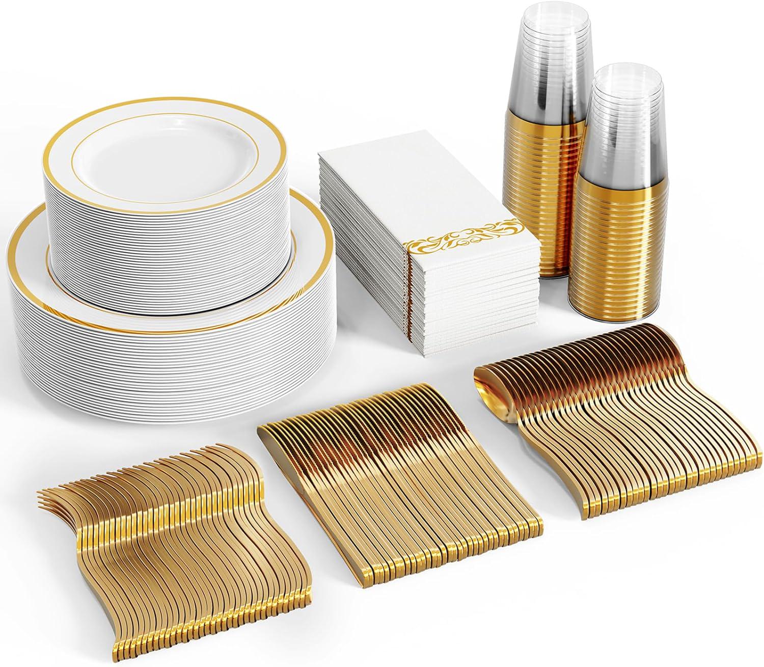 350 Ct Gold Dinnerware Set for 50 Guests Gold Rimmed White