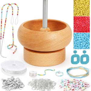 Girador de contas para fabricação de joias, girador de pulseiras de madeira sem esforço com 50 contas de letras, 3.000 miçangas, 2 contas grandes com olho mágico
