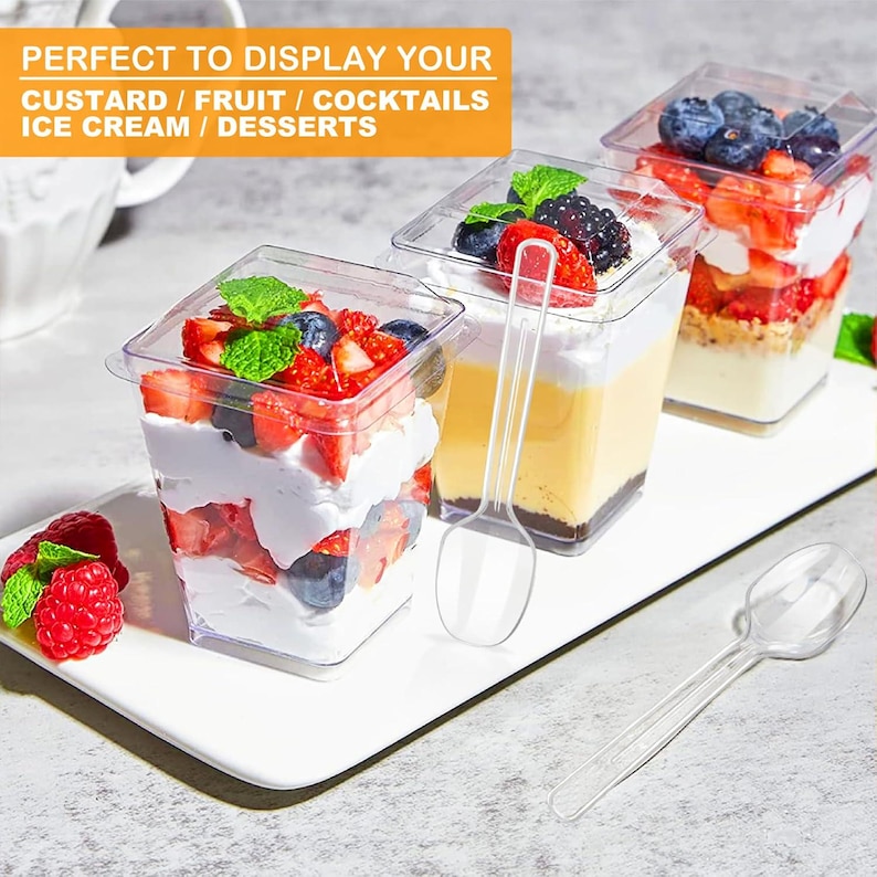 Custard Case Rectangular 5oz Plastic Dessert Cups With Lids and Spoons, Clear Yogurt Parfait ...
