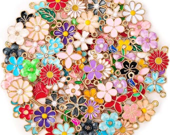 100Pcs 50 Pairs Flower Charms for Jewelry Making, Wholesale Assorted Enamel Mixed Bulk Metal Earring Charms for DIY Necklace Bracelet