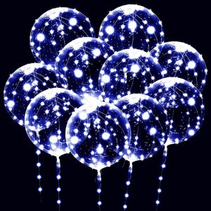 Puede incluir: Un grupo de esferas azules iluminadas con luces blancas en forma de estrella, que recuerdan a cuerpos celestes. Cada esfera tiene una cadena de luces colgando. El fondo es azul oscuro, creando un contraste que resalta las esferas brillantes.