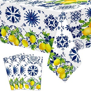 3Pcs Capri Lemon Tablecloth Birthday Party Decorations Disposable Blue Tile Plastic Table Covers Lemon Decor for Baby Shower Summer