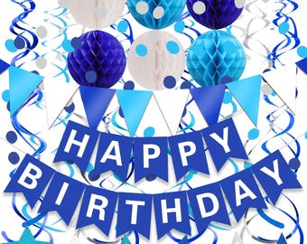 Navy Blue Happy Birthday Paper Banner Flag Bunting Circle Confetti Garland Swirl Streamers Honeycomb Ball for Birthday Party