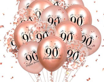 18pcs Rose Gold 90th Birthday Balloons, Latex Balloons with Confetti Design, Party Decorations for Women Men 90th Birthday Anniversary Decor