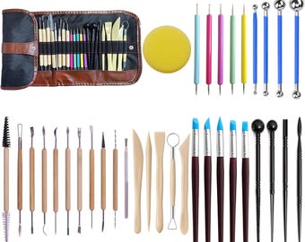 Kit 44 Strumenti Per Scolpire Argilla E Ceramica, Punte In Acciaio Inox E Manici In Legno, Doppia Faccia, Con Borsa Portatile Per Artisti E Hobbisti