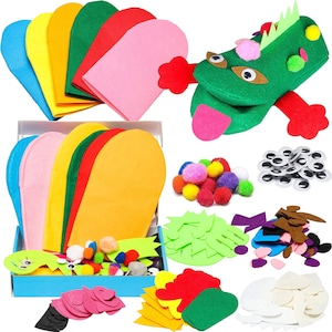 May include: A felt craft kit for making a puppet. The kit includes felt pieces in various colors, googly eyes, pom-poms, and a pattern for a green dragon puppet.