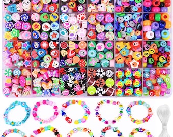 1000PCS Polymer Clay Beads Jewelry Making Kit - 24 Style Cute Fun Beads - Fruit, Flower, Animal, Cake, Butterfly, Heart Beads Charms