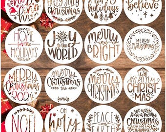 Small Christmas Stencils for Painting on Wood Reusable Round Small Holiday Merry Christmas Stencils Ornaments Stencil for Wood Cards