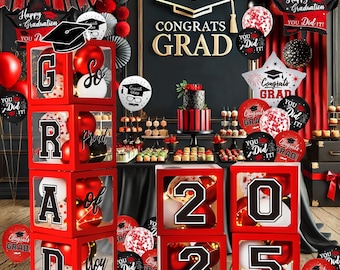 Graduation Decorations Class of 2025 - Red and Black Graduation Decorations Party Decor Full set