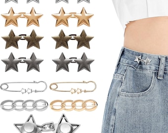 12 Pcs Pant Waist Tighteners, No-Sew Metal Clips for Jeans and Pants, Adjustable & Reusable Star Button Pins
