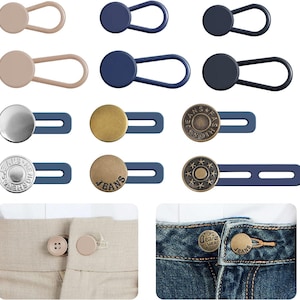 May include: Assortment of metal and plastic jean button extenders in various colours and styles. Some extenders feature the word "Jeans" on them. The extenders are shown on a white background and on a pair of blue jeans.