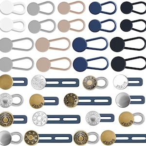 May include: Assortment of 20 plastic button extenders in white, gray, beige, blue and black.  The extenders have a loop on one end and a button on the other.  Also included are 10 metal button extenders with a variety of finishes, including gold, silver, and antique brass.  The metal extenders have a button on one end and a loop on the other.  The extenders are designed to help people who need to extend the length of their pants or skirts.
