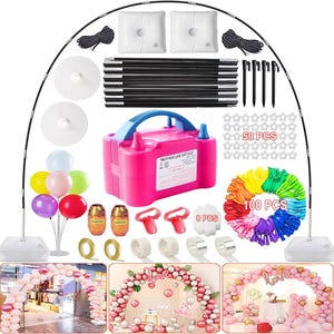 May include: A pink electric balloon pump with a blue handle, black arch poles, and various party supplies. Includes colourful balloons, star-shaped clips, and a rainbow of balloon ribbons. Also shown are three examples of balloon arches.