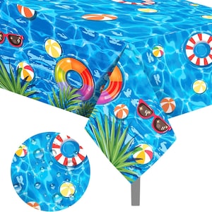 May include: A blue tablecloth with a summer pool theme. The design includes images of sunglasses, beach balls, life preservers, and water ripples. The tablecloth is decorated with palm fronds and is suitable for a summer party.