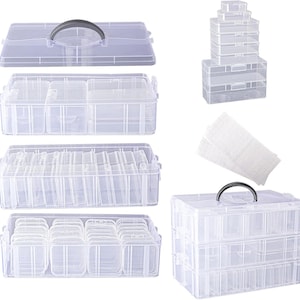 Pudełko na koraliki, 56 małych plastikowych pojemników z pokrywkami i 3-poziomowym pudełkiem do układania w stosy, przezroczyste organizery do przechowywania biżuterii, zabawek i rękodzieła