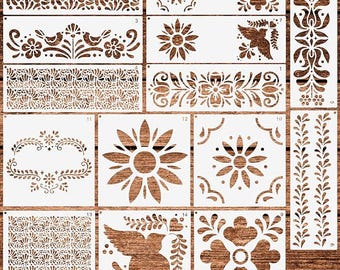 14 Pcs Talavera Stencils for Crafts, Resuable Cake Stencils,Mexican Floral Stencil for Furniture Wood Wall Canvas Floor, Border Stencil