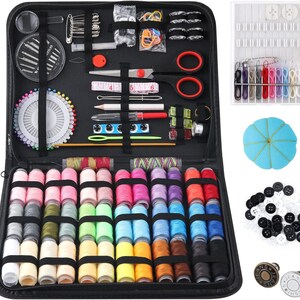 May include: A black zippered case filled with sewing supplies. The case contains a variety of spools of thread, needles, buttons, and other sewing tools. The case is open and the contents are visible.