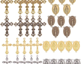 Tibetan Style Rosary Cross Charms and Center Miraculous Medal Easter Vintage Cross Crucifix Pendants Oval Chandelier Links Bronze Connector