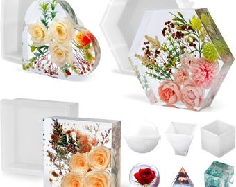 Large Resin Bookend Molds (Hexagon, Heart, Square) - Silicone Epoxy Casting Molds for Flower Preservation & DIY Art