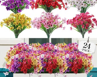 24 Bundles Artificial Flowers for Outdoor,No Fade Fake Plastic Flowers Faux Plants for Decoration Hanging Planters