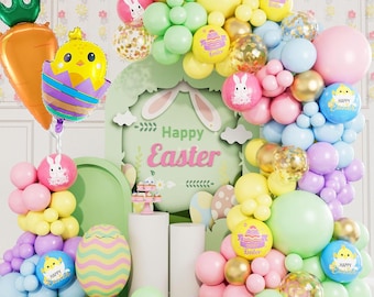 Easter Balloon Garland Arch Kit, Pastel Balloon Arch Macaron Balloons with Chicken Egg Carrot Foil Balloons for Happy Easter Party Birthday