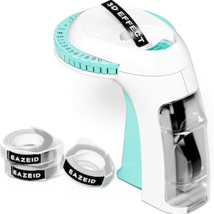 May include: A white and teal 3D label maker with black label tape rolls. The label maker has a curved design with a dial for selecting characters. The text "3D EFFECT" is printed on the top. The label tape rolls are labeled "Eazeid".