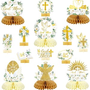 Saudação de festa 14PCS Branco Ouro Floral Favo de mel Centro de mesa Deus Batismo Favo de mel Centro de mesa Deus abençoe Decoração de mesa Primeira comunhão