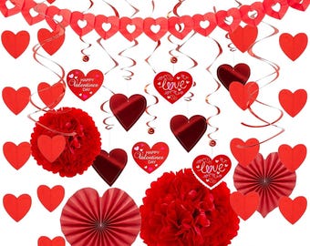 27 Pieces Valentines Day Decoration Kit - 1 Heart Shaped Garland, 2 Tissue Fans, Tissue Poms, 6 Heart String, 8 Double Swirls