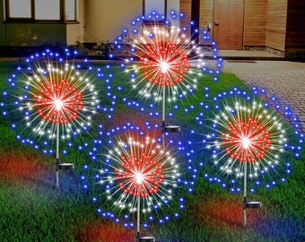4th of July Decorations Outdoor 4 Pack Solar Power Yard Firework Lights Patriotic Garden Waterproof Lights for Independence Day Party Decor