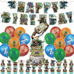 Può includere: Un set di decorazioni per feste con i personaggi del videogioco The Legend of Zelda. Il set include uno striscione con le parole "Buon compleanno", palloncini e topper per cupcake. I palloncini sono un mix di rosso, blu e verde, e i topper per cupcake presentano vari personaggi del gioco.