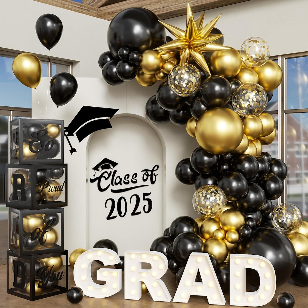 Graduation Balloon Arch Kit With Boxes, 136pcs Black Gold Balloon Arch ...