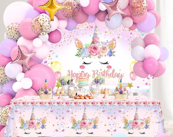 Unicorn Birthday Decorations for Girls,118pcs Unicorn Theme Party Decorations with Balloon Garland Arch Kit Backdrop and Tablecloth Birthday