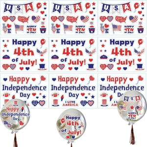 May include: A collection of patriotic stickers and balloons. The stickers feature red, white, and blue designs with the text "USA", "Happy 4th of July", and "Happy Independence Day". The balloons are clear with patriotic decorations.