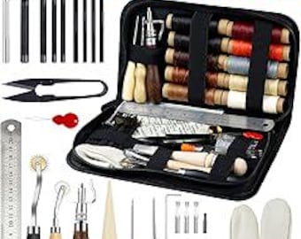 May include: A leather craft tool kit with a black carrying case. The kit includes a variety of tools, including needles, awls, punches, and thread. The thread is in a variety of colours, including red, brown, white, and black.