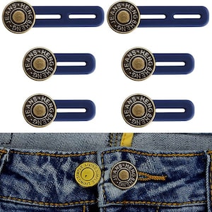 May include: Six gold-toned metal jean button extenders with the text "JEANS HENG SHENG" on each button. The extenders are attached to blue plastic straps. The bottom image shows a pair of blue jeans with one of the extenders attached to the button.