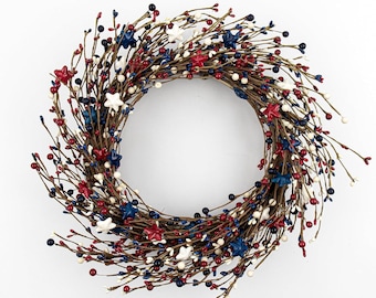20inch Patriotic Wreaths for Door, 4th of July Pip Berry Grapevine Wreath White Blue Stars and Berries, Independent Day Door Window Decor