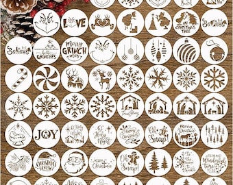 Small Christmas Stencils for Painting on Wood Reusable, Mini Round Holiday Merry Christmas Ornament Stencils for Tree Crafts Cookie Baking