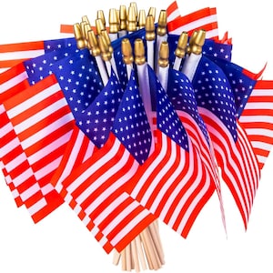 May include: A bundle of small American flags. Each flag features red and white stripes and a blue field with white stars. The flags are attached to wooden dowels with gold-colored tips, creating a patriotic display.
